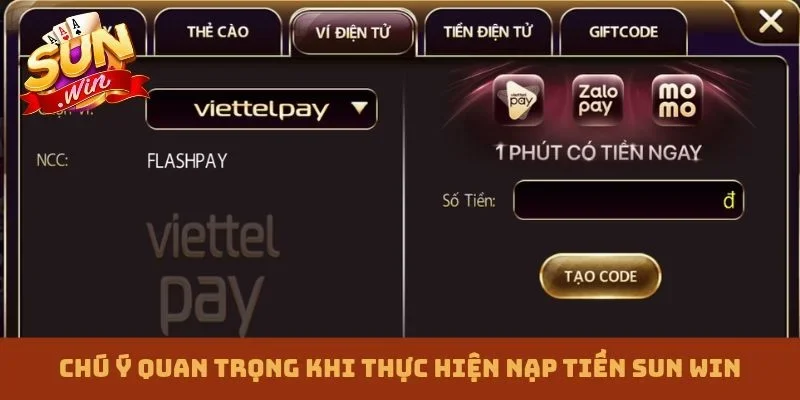 Chú ý quan trọng khi thực hiện nạp tiền Sun win