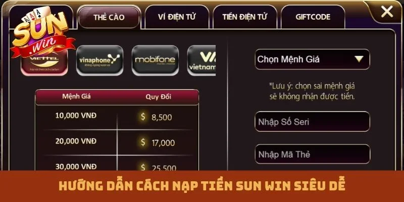 Hướng dẫn cách nạp tiền Sun win siêu dễ